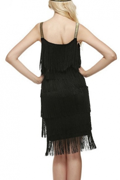 Womens New Trendy Solid Color Layered Tassel Embellished Midi Sheath Dress