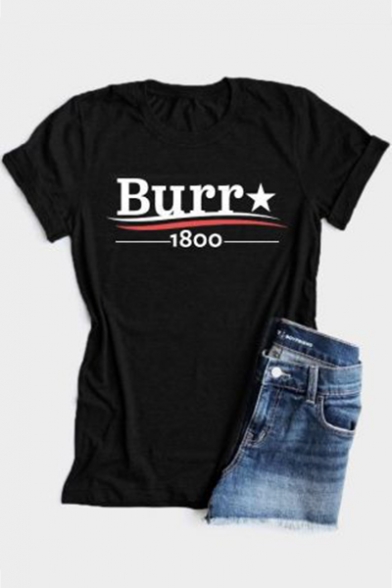 Cool Letter BURR 1800 Printed Short Sleeve Street Fashion Black T-Shirt