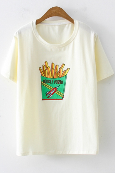 Fashion Short Sleeve French Fries Print Round Neck Cotton Loose Fit T-Shirt