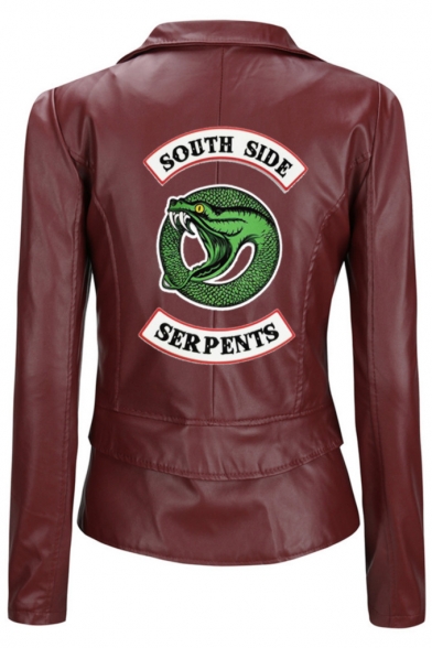 Fashion Snake Letter SOUTH SIDE Print Back Long Sleeve Lapel Collar Zip Up Biker Jacket