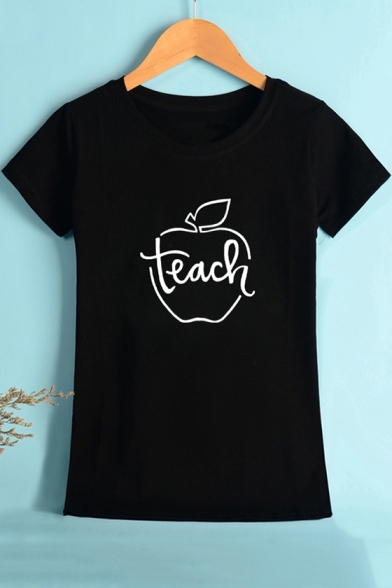 Funny Letter TEACH Apple Graphic Print Cotton Black T-Shirt