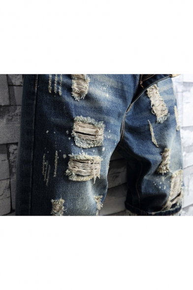 Men's Retro Distressed Ripped Detail Rolled Cuff Fitted Blue Denim Shorts