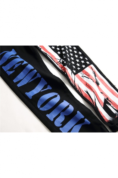 Men's Street Fashion Cool Letter Flag Printed Black Relaxed Fit Jeans