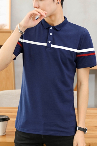 Men's Summer Fashion Stripe Pattern Short Sleeve Three-Button Loose Fit Polo Shirt