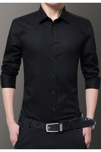 Spirio Men Casual Button Front Long Sleeve Pure Color Skinny Dress Shirt 