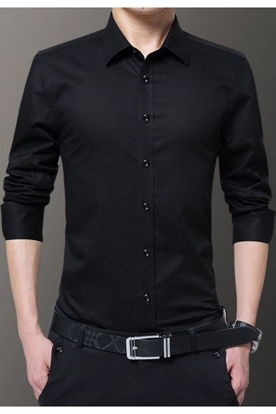 Mens Basic Simple Plain Long Sleeve Slim Fitted Button-Up Formal Business Dress Shirt