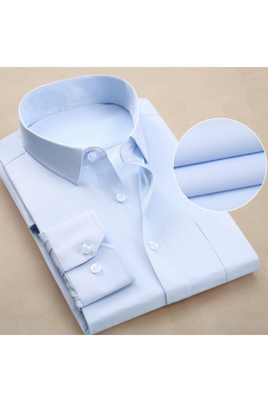 Mens New Stylish Basic Simple Plain Pinstriped Long Sleeve Wash and Wear Button-Up Dress Shirt