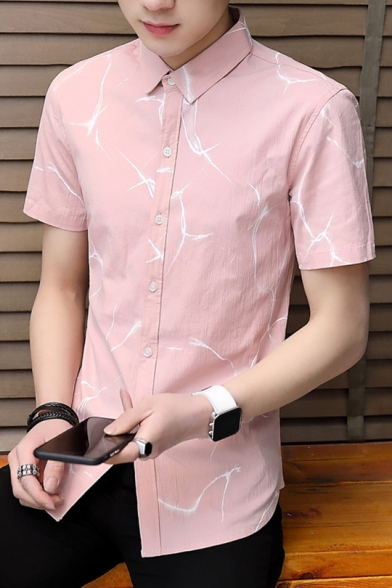 Mens Summer Stylish Pattern Fitted Short Sleeve Button-Front Oxford Business Shirt