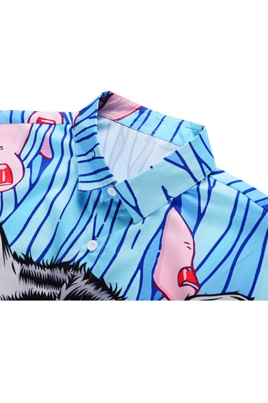 New Fashion Creative Tiger Printed Mens Summer Short Sleeve Light Blue Shirt