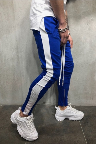 New Trendy Colorblocked Stripe Side Drawstring Waist Zip-Embellished Cuff Skinny Pencil Pants for Guys