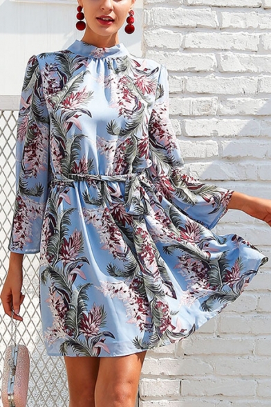 Spring New Arrival Fashion Floral Printed Backless Bow-Tied Back Long Sleeve Mini A-Line Dress