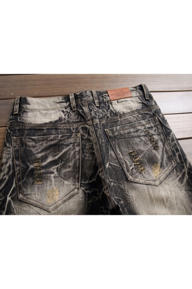 Street Vintage Bleach Washed Stylish Wing Embroidery Regular Fit Black Jeans for Guys