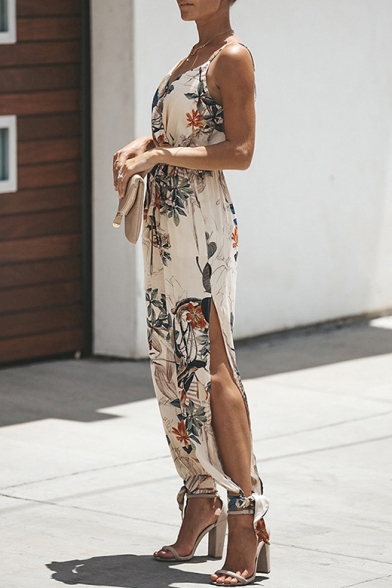 Summer Fashion Floral Pattern V-Neck Sexy Split Side Gathered Cuff Cotton Jumpsuits