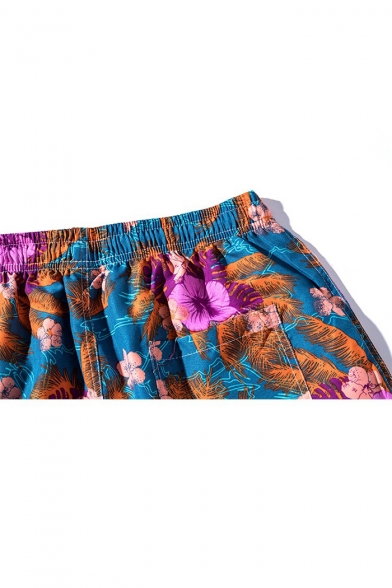 Summer New Trendy Floral Printed Drawstring Waist Cotton Beach Blue Swim Shorts