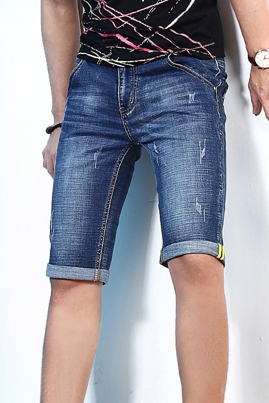 Summer Thin Stretch Straight Fitted Rolled Cuff Guys Blue Denim Shorts
