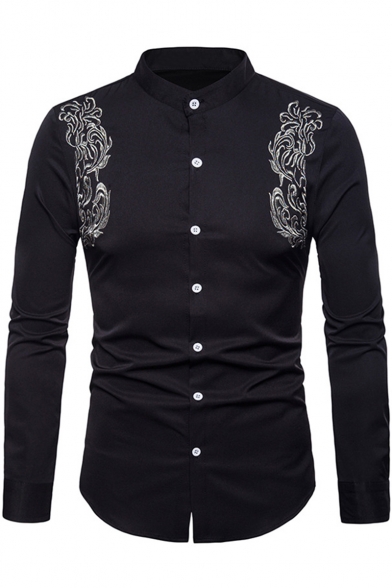 Vintage Royal Floral Embroidered Stand-Collar Long Sleeve Fitted Button-Up Shirt for Men