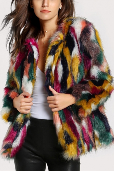 Winter's Trendy Color Block Collarless Long Sleeve Open Front Faux Fur Coat for Women