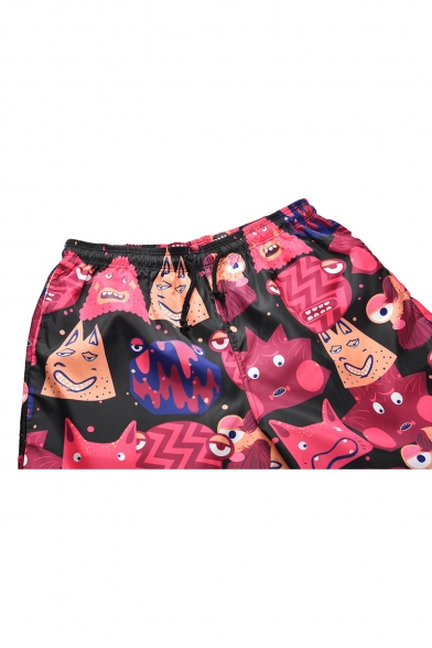 Black Fast Drying Comic Cartoon Pattern Casual Loose Relaxed Men's Swim Trunks with Drawstring