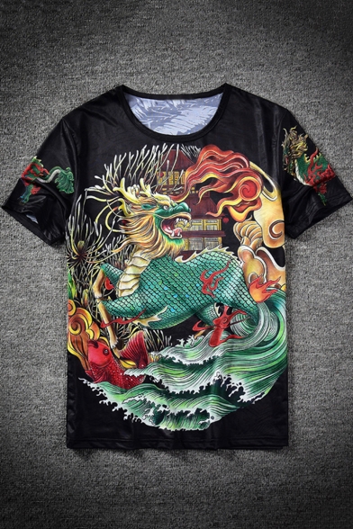 Chinese Style Fashion Kylin Pattern Short Sleeve Guys Loose Fit Black T-Shirt
