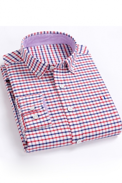 Classic Fashion Plaid Printed Long Sleeve Comfort Cotton Button-Down Shirt for Men