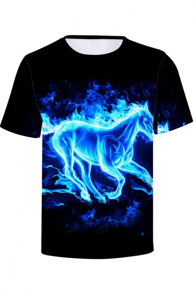 Cool 3D Fire Horse Printed Basic Short Sleeve Round Neck Black Tee