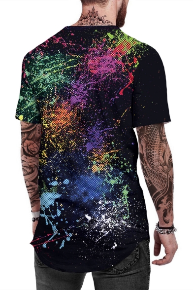 Cool Colorful Painting Galaxy Printed Basic Loose Fit Short Sleeve Longline T-Shirt