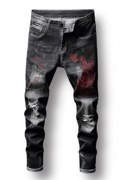 Cool Dragon Cloud Embroidery Distressed Black Regular Fit Ripped Jeans