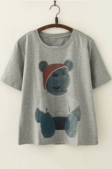 Cute Teddy Bear Printed Basic Short Sleeve Round Neck Loose Fit T-Shirt