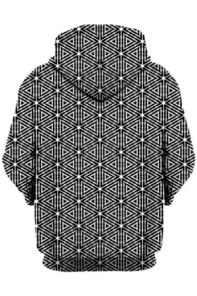Fashion 3D Geometric Printed Loose Casual Sport Black Drawstring Hoodie