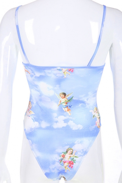 Fashion Lovely Angel Baby Pattern Sleeveless Slim Fit Blue Bodysuit