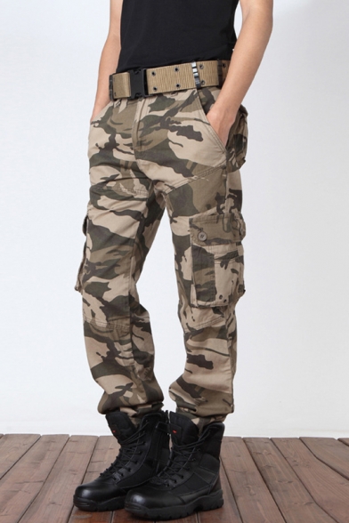 Macondoo Mens Stylish Camo Print Outdoor Straight Leg Rugged Cargo Pants 
