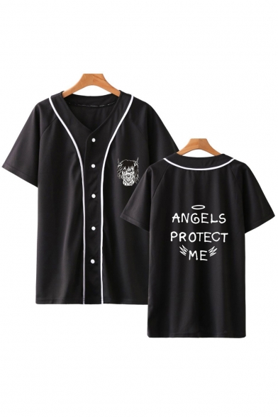 ANGELS PROTECT ME Printed V-Neck Short Sleeve Button-Down Baseball Shirt