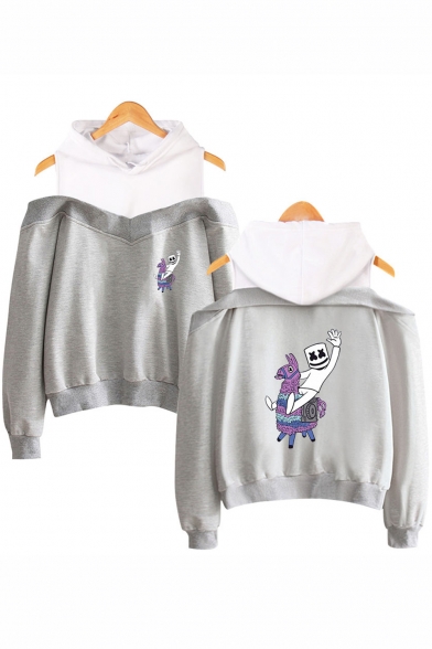 Marshmello Funny Cute Hobby Horse Printed Cold Shoulder Long Sleeve Casual Hoodie