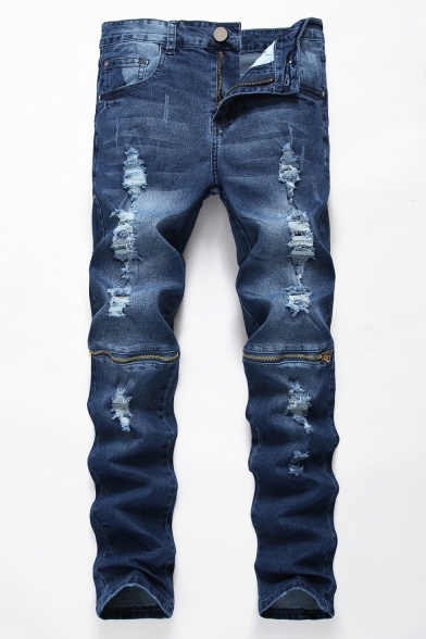 Men's Fashion Blue Knee Zipper Embellished Distressed Stretch Fit Shredded Jeans