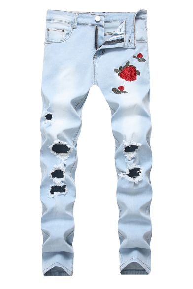 Men's Fashion Rose Floral Embroidery Cut Up Slim Fit Ripped Jeans with Holes