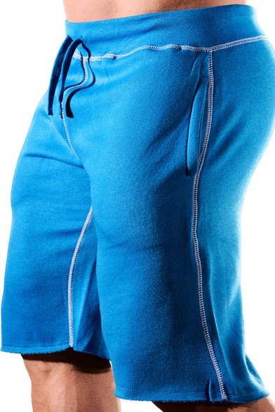 Men's New Stylish Drawstring-Waist Frayed Hem Contrast Piping Simple Plain Running Sweat Shorts