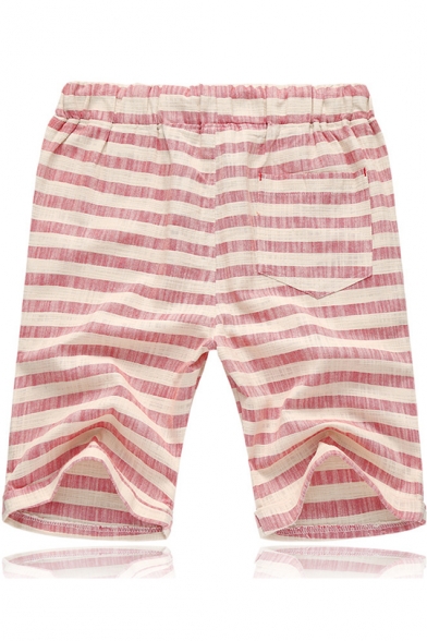 Men's Summer Stylish Stripe Printed Drawstring Waist Cotton Loose Beach Shorts