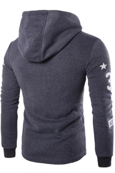 Mens Fashion Leather Patched Number Letter Print Zip Up Fitted Hoodie