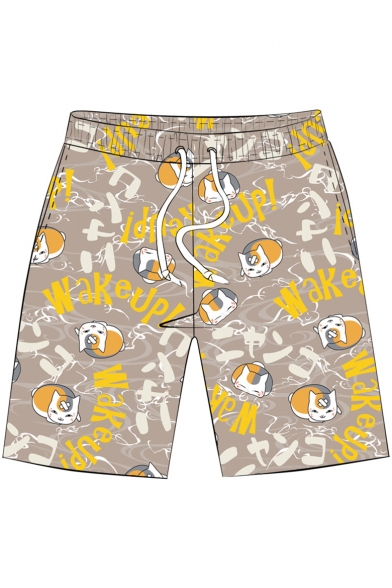 Natsume's Book of Friends Cartoon Cat Print Drawstring Waist Quick-Dry Breathable Swim Trunks