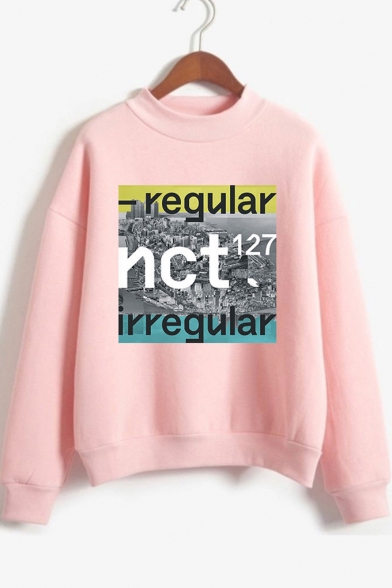 Fashion Letter Mock Neck Long Sleeve Relaxed Pullover Sweatshirt
