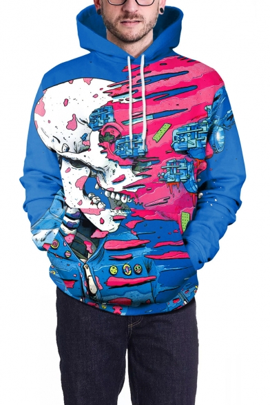 Street Fashion Cool 3D Skull Print Long Sleeve Unisex Drawstring Hoodie in Blue