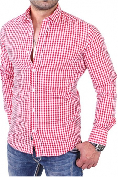 Stylish Plaid Printed Spread Collar Men's Fitted Long Sleeve Button-Up Shirt