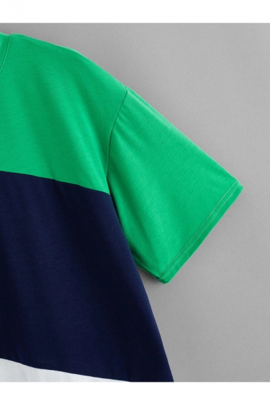 Summer Colorblocked Short Sleeve Round Neck Green T-Shirt