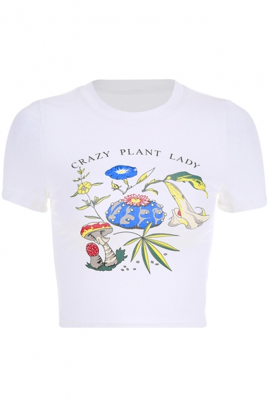 Summer Cool Letter CRAZY PLANT LADY Print Round Neck Cropped Slim White Graphic Tee