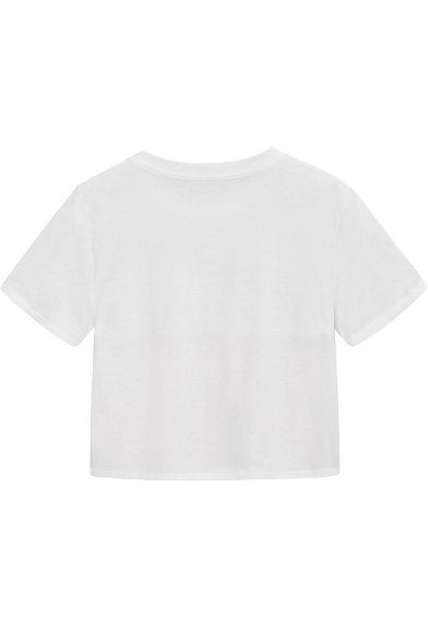 Summer Girls Fashion Colorblock Short Sleeve Round Neck Cropped White T-Shirt