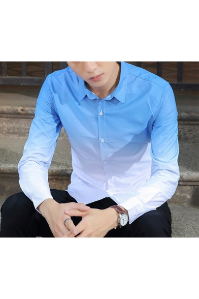 Summer Guys Fashion Ombre Color Long Sleeve Slim Button-Front Shirt
