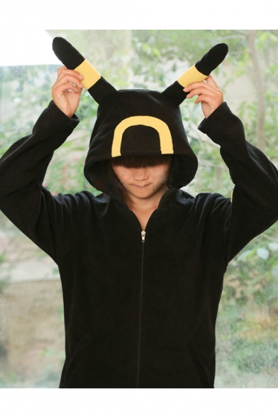 Umbreon Cute Comic Cosplay Costume Colorblocked Long Sleeve Zip Up Black Hoodie