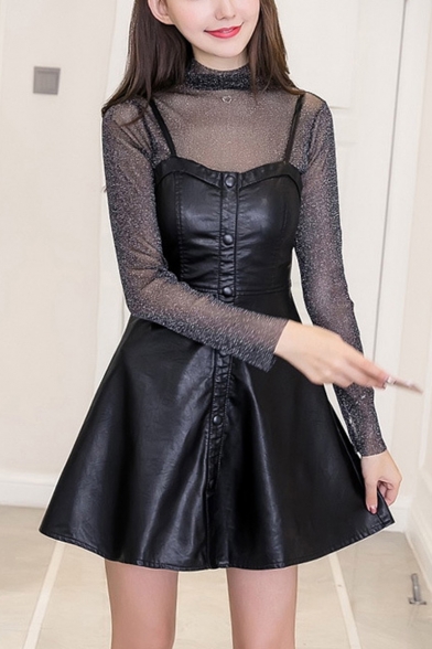 Womens New Fashion Button-Down Black Mini A-Line PU Cami Dress Two-Piece Dress