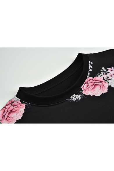 Chic Floral Printed Summer Round Neck Short Sleeve Tied Hem Black T-Shirt