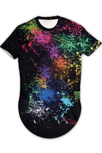 Cool Colorful Painting Galaxy Printed Basic Loose Fit Short Sleeve Longline T-Shirt